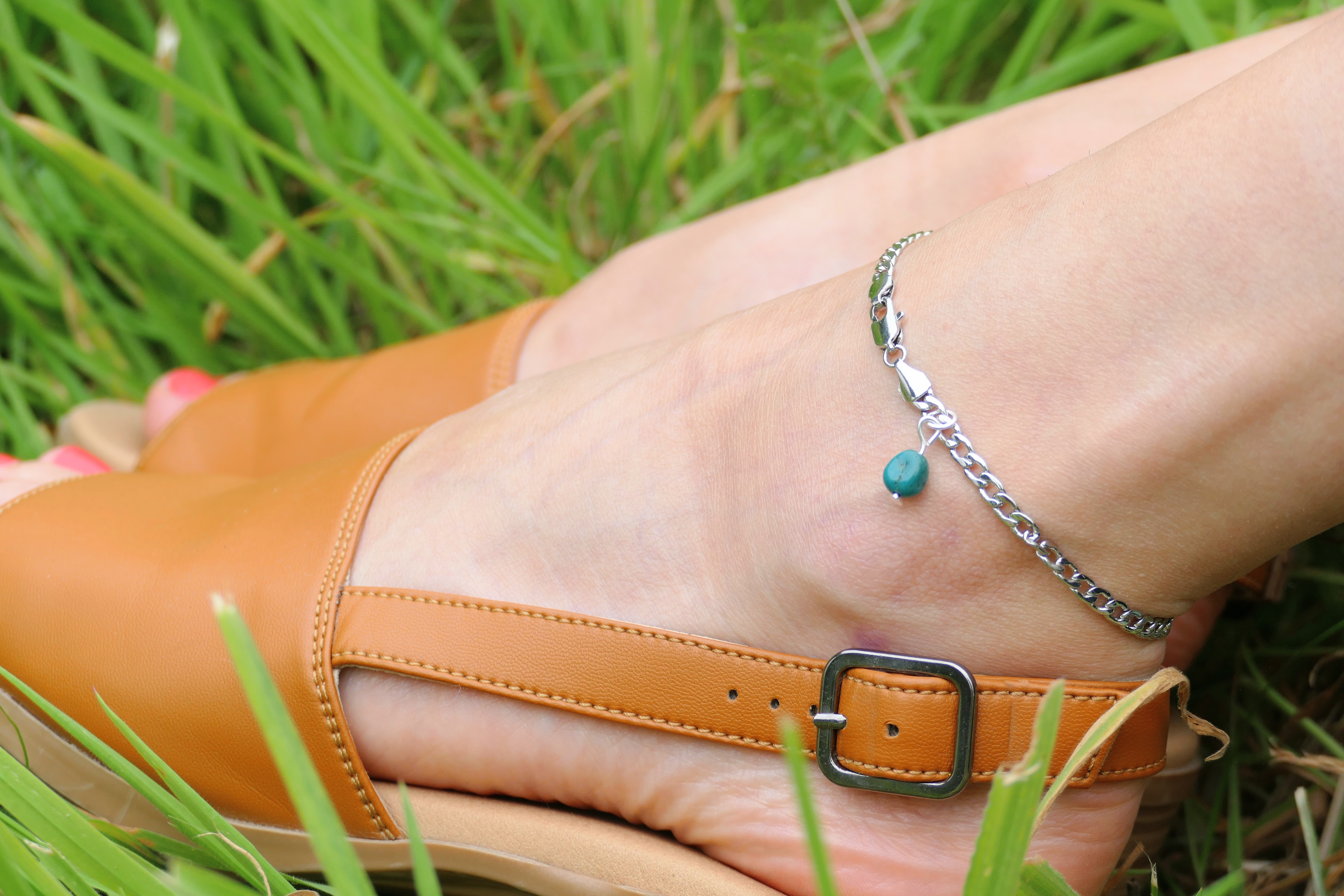 White Gold Plated Chain Anklet With Gemstone